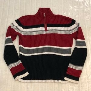 Red and Black Striped Half-Zip Ribbed Sweater - Women